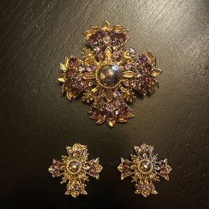 Vintage Gold and Purple Maltese Cross Brooch and Earrings Set